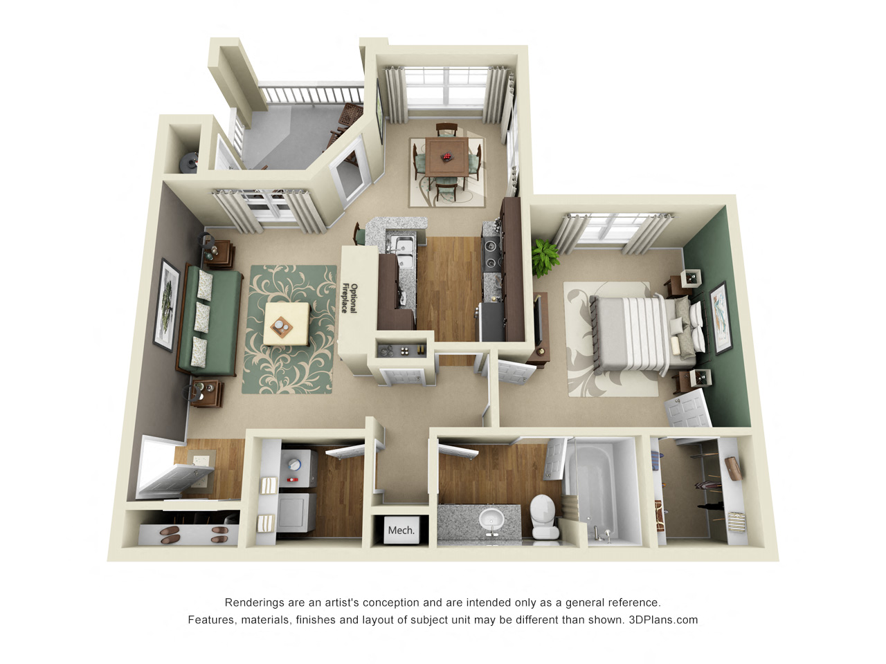 Floor plan for 1 bed, 1 bath, 802 sqft